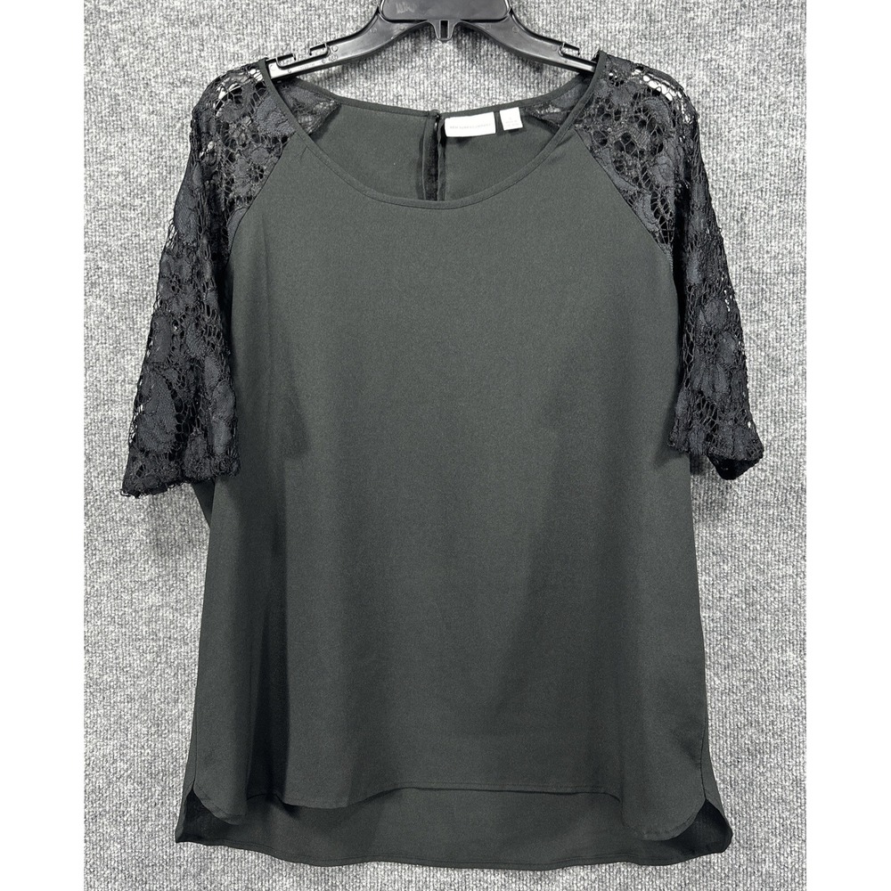 NEW YORK & COMPANY Women's Sz Large Black Top Blouse Short Lace Sleeve Boat Neck